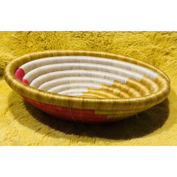 African Hand Woven Swirl Coil Wall Basket Natural Bowl 9” Pink Yellow Cream - Picture 5 of 7